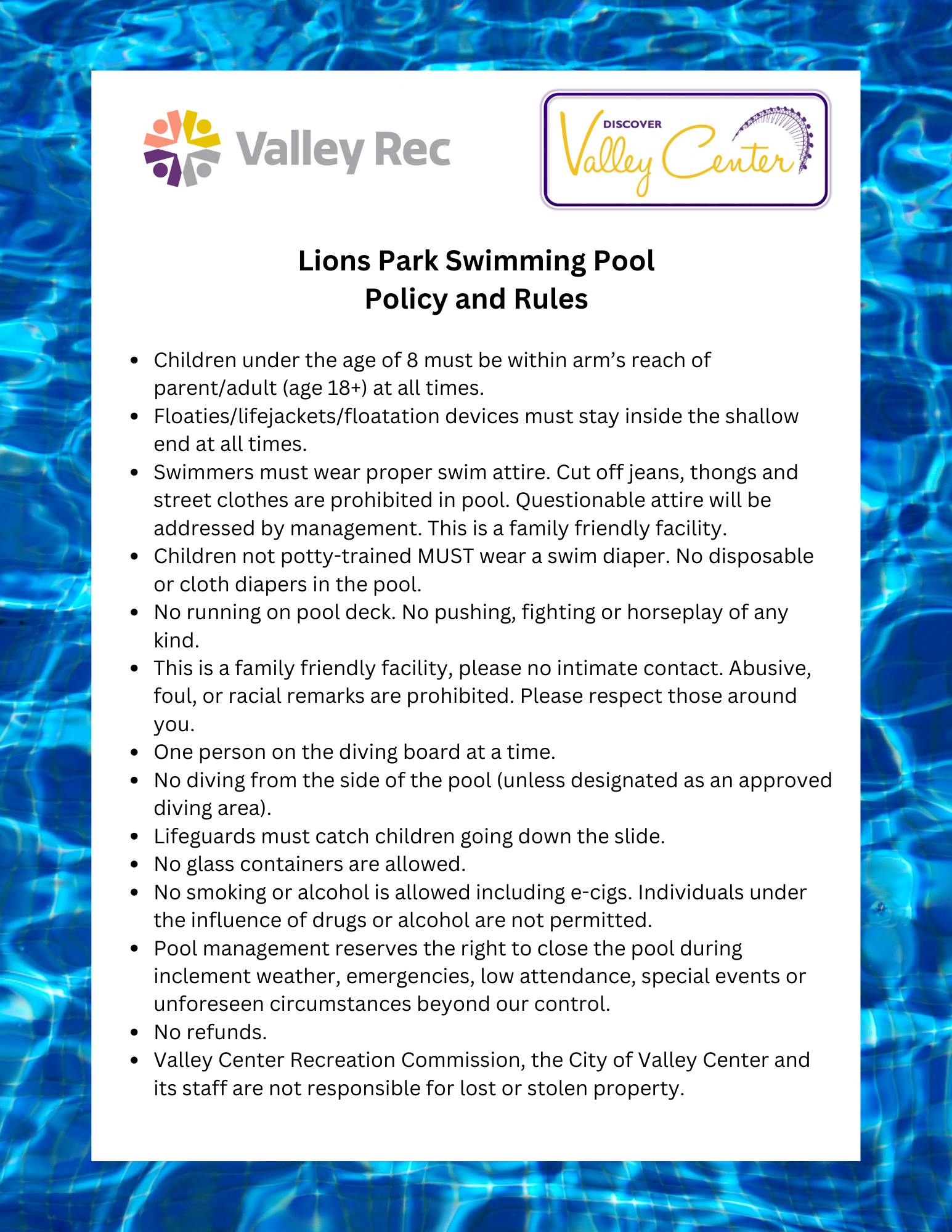Safety flyer for Valley Recreation Pool